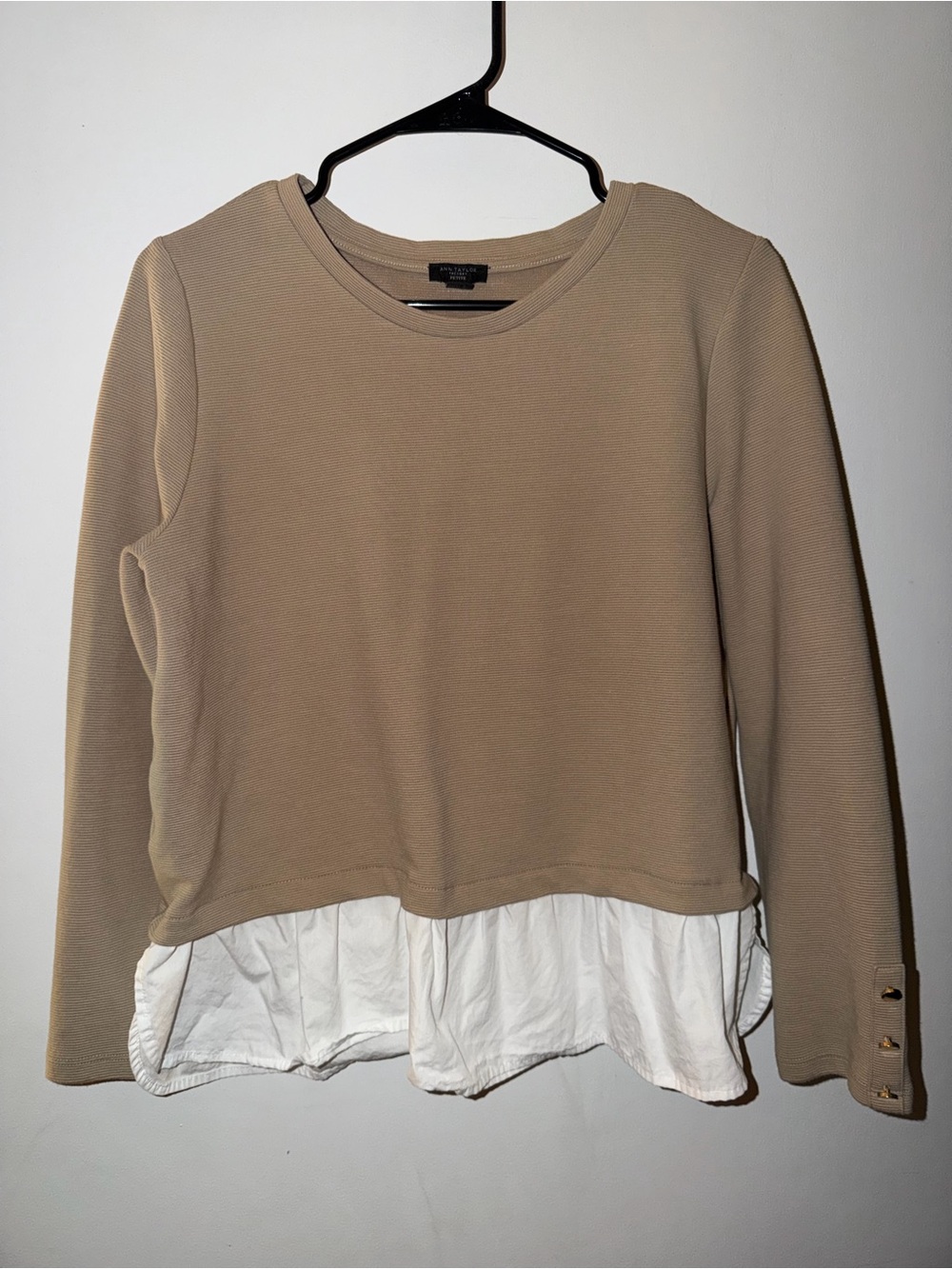 AnnTaylor Women’s Layered Hem Long-Sleeve Top in Beige and White